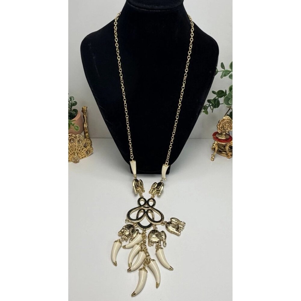 Lilly Pulitzer Elephant Statement Necklace Gold Tone Ivory-Tone Tusk Charm